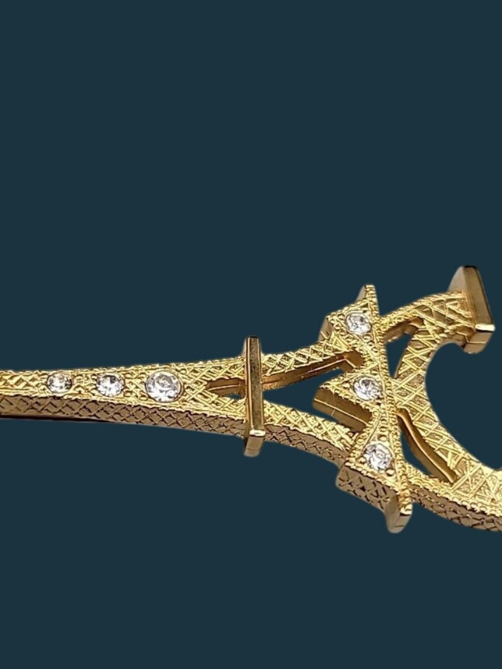 Vintage Rhinestone Eiffel Tower Brooch Gold Tone Open Work Cross Stitch Paris - Picture 5 of 7